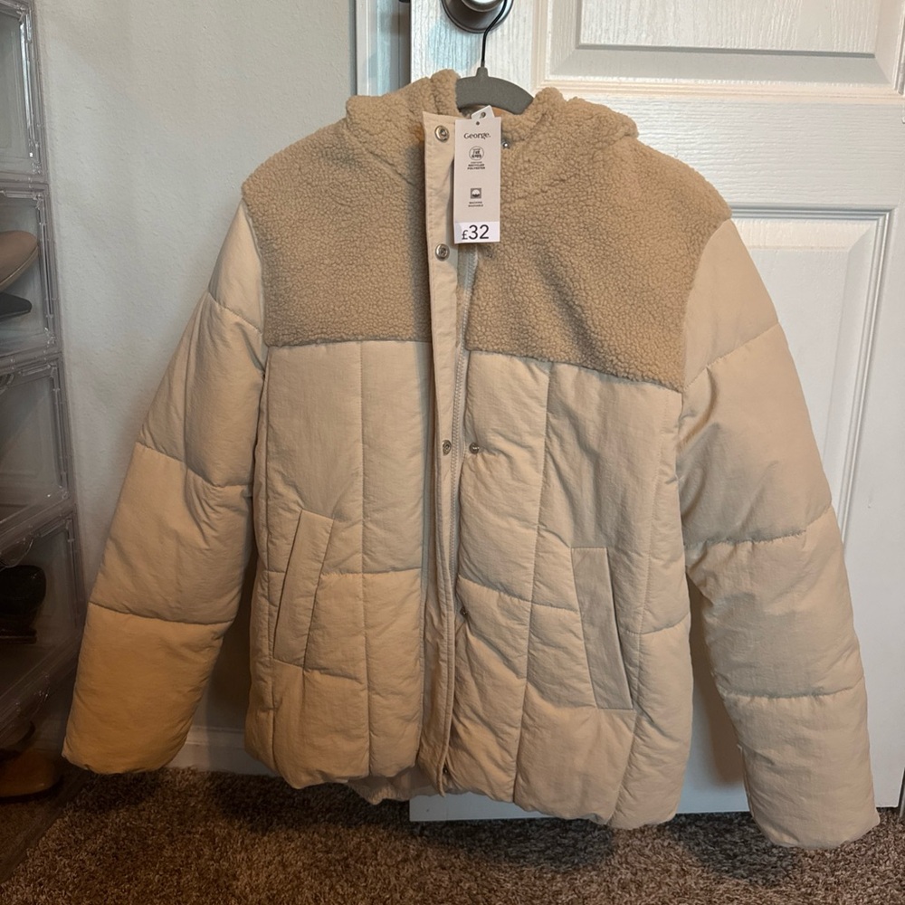 Cream Puffer Jacket with Hood